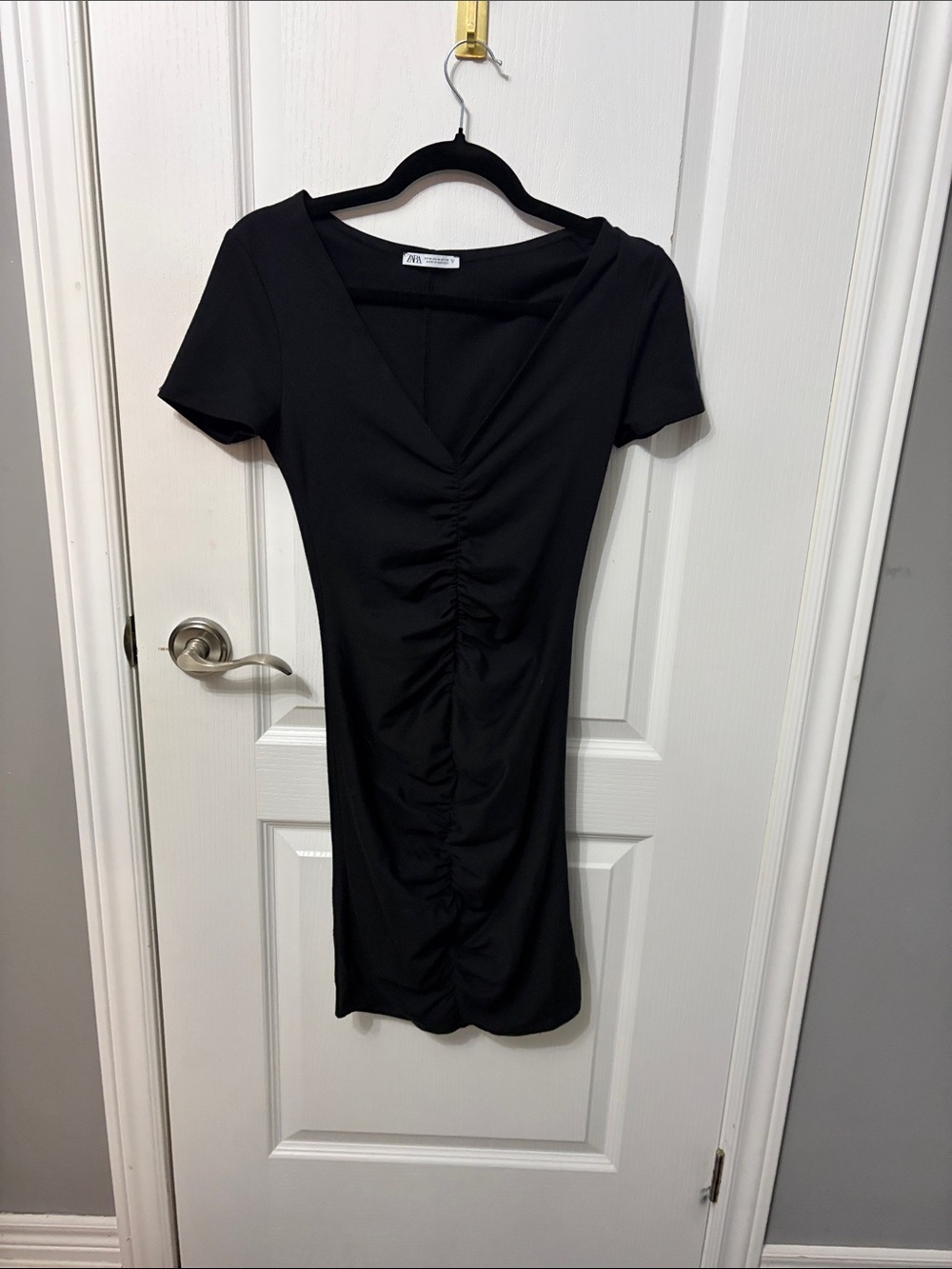 Zara Black Ruched V-Neck Mini Dress